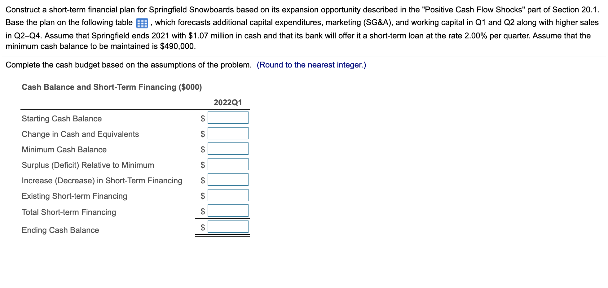 Construct a short-term financial plan for Springfield Snowboards based on its