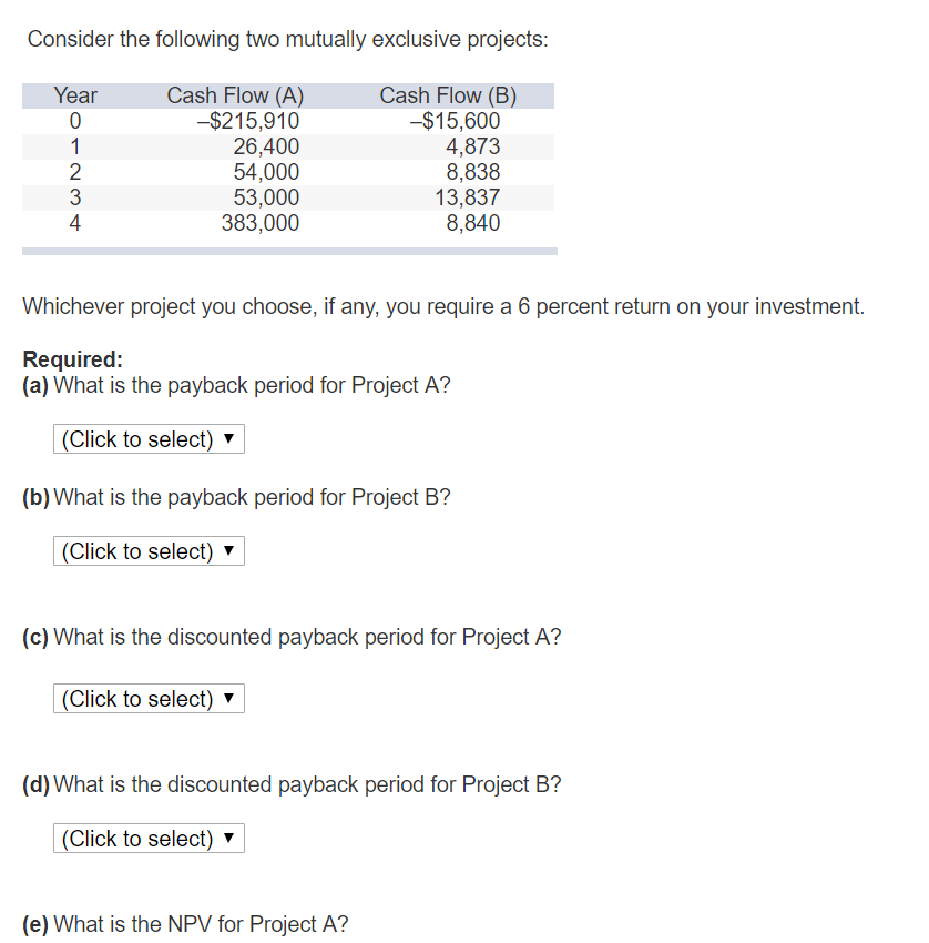  Consider the following two mutually exclusive projects: Cash Flow (A) $215,910