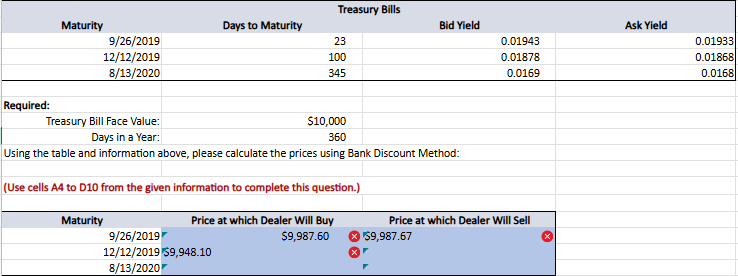  Using the table and information above, please calculate the prices using