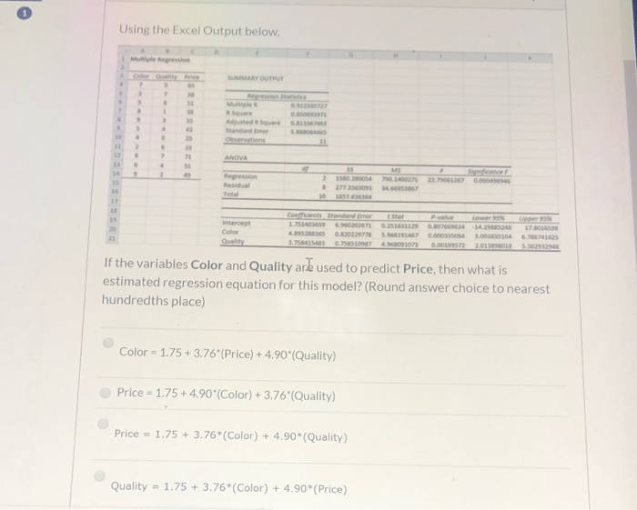  Using the Excel Output below Mutiple Regression Celer Qualty Price SUMMARY
