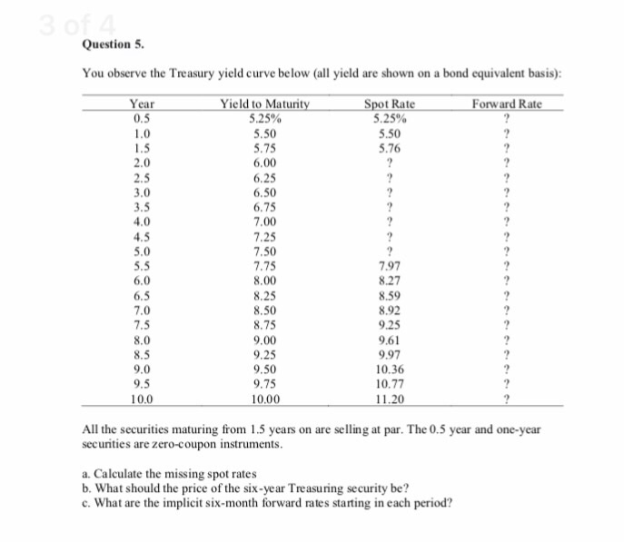  Please show formulas Question 5 You observe the Treasury yield curve
