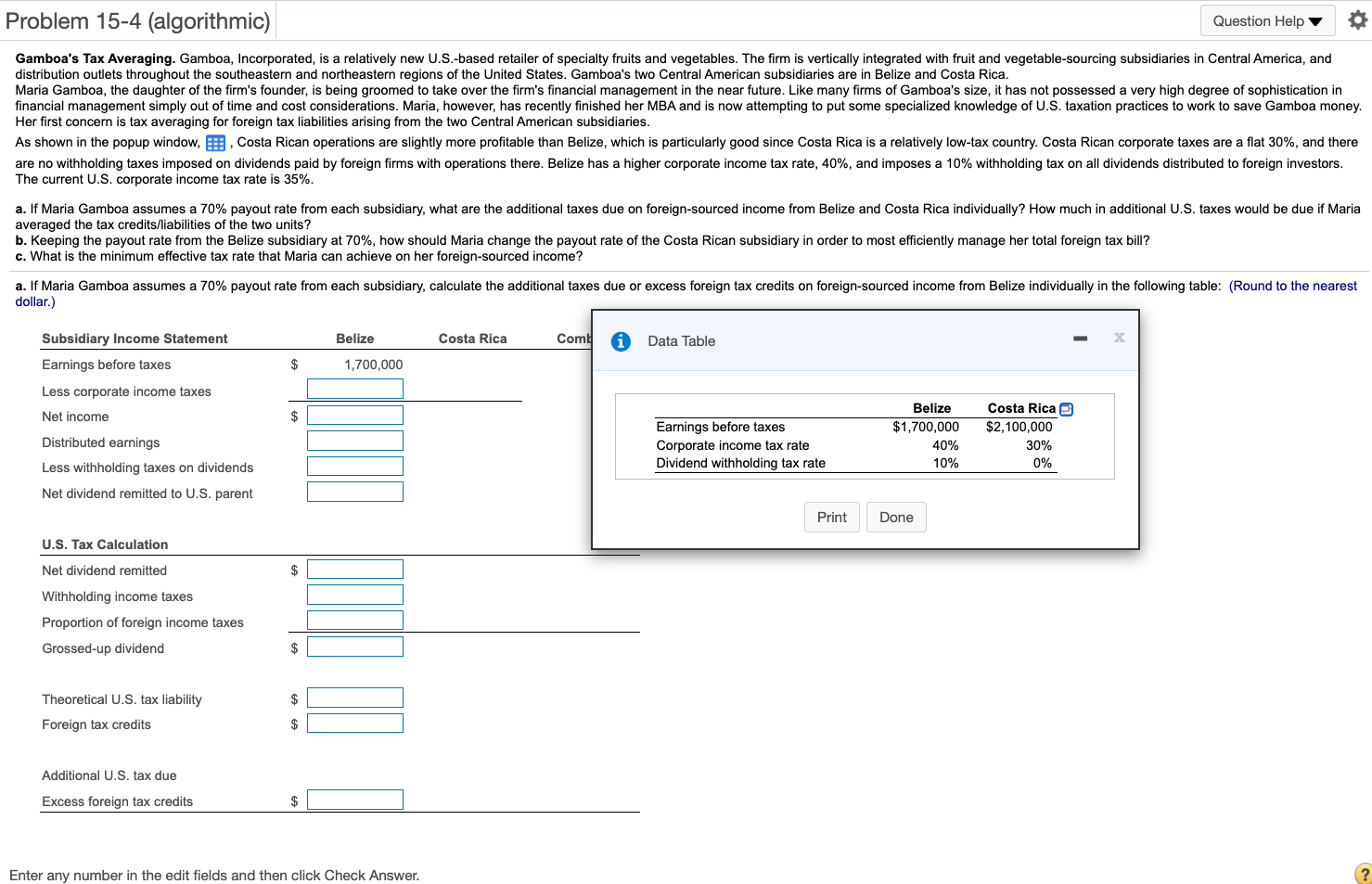 Please help me with all parts Problem 15-4 (algorithmic) Question Help Gamboa's