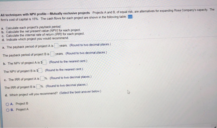  All techniques with NPV profile - Mutually exclusive projects Projects A