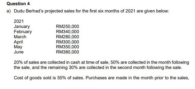 Can u answer all Question 4 a) Dudu Berhad's projected sales for