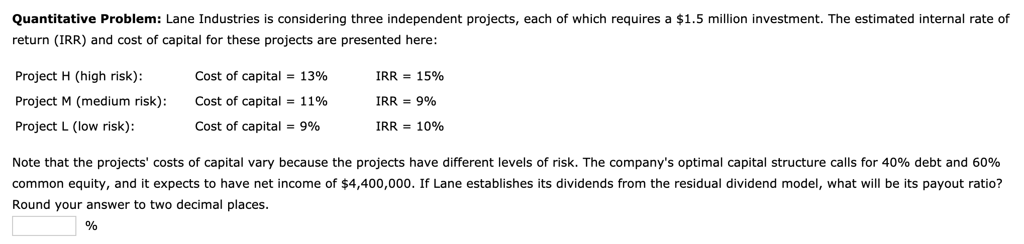 13.3 Quantitative Problem: Lane Industries is considering three independent projects, each of
