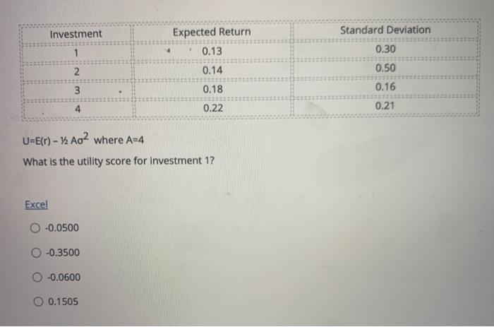  Investment Expected Return 0.13 Standard Deviation 0.30 1 2 0.14 0.50