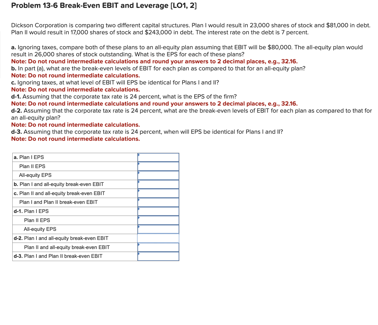 Dickson Corporation is comparing two different capital structures. Plan I would