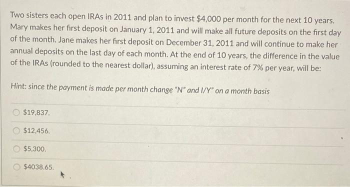  Two sisters each open IRAs in 2011 and plan to invest