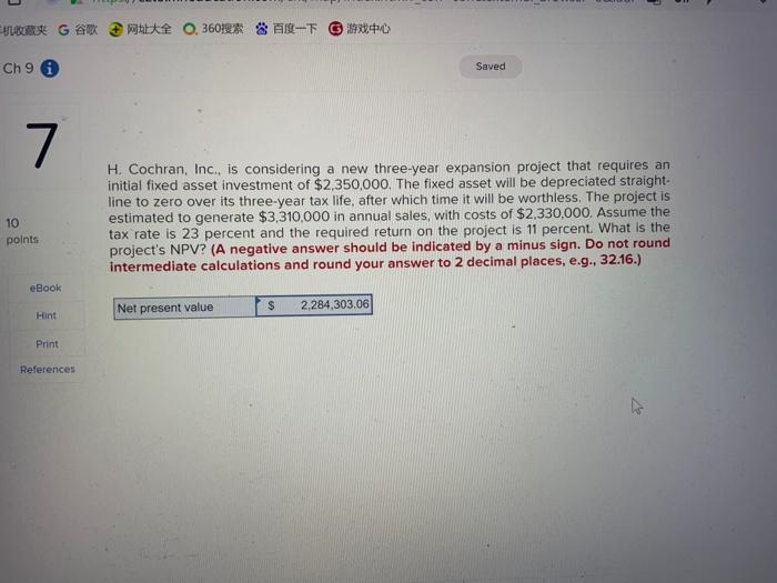  G 0.3601 Ch 9 i Saved 7. 10 points H. Cochran,
