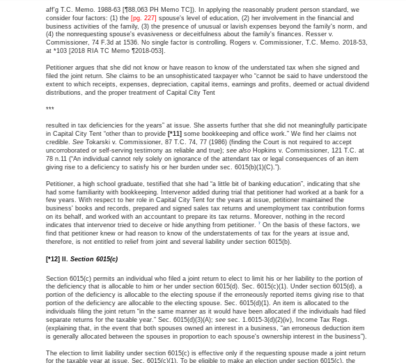 Code Sec(s): Docket: 6015 Dkt. No. 8930-17 02/22/2021 Date Issued: Judge: Tax