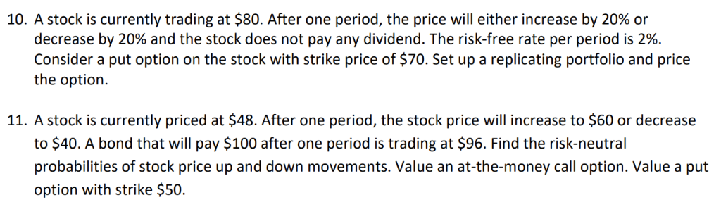 Pricing options, please help! Only need help with question 11 10.
