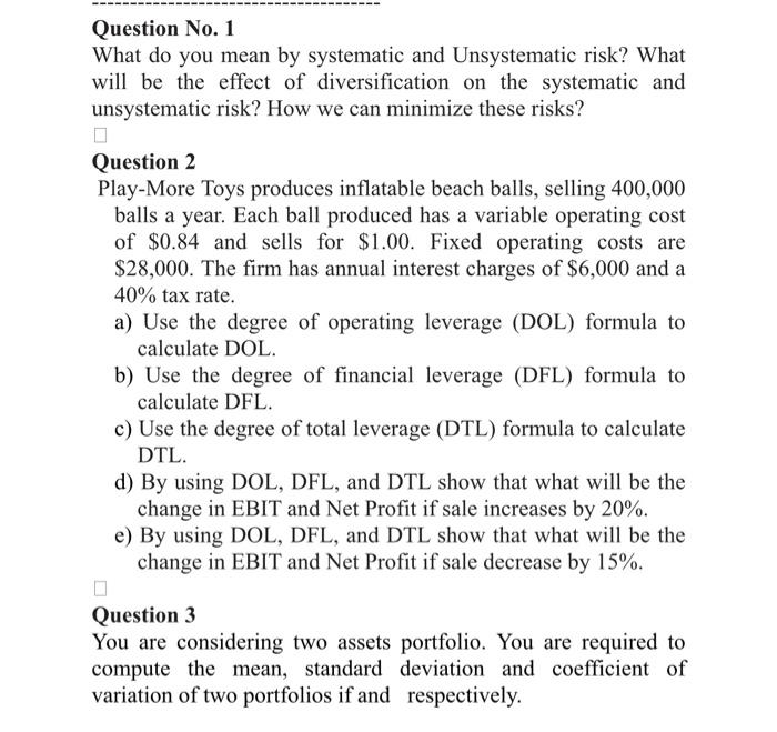  Question No. 1 What do you mean by systematic and Unsystematic