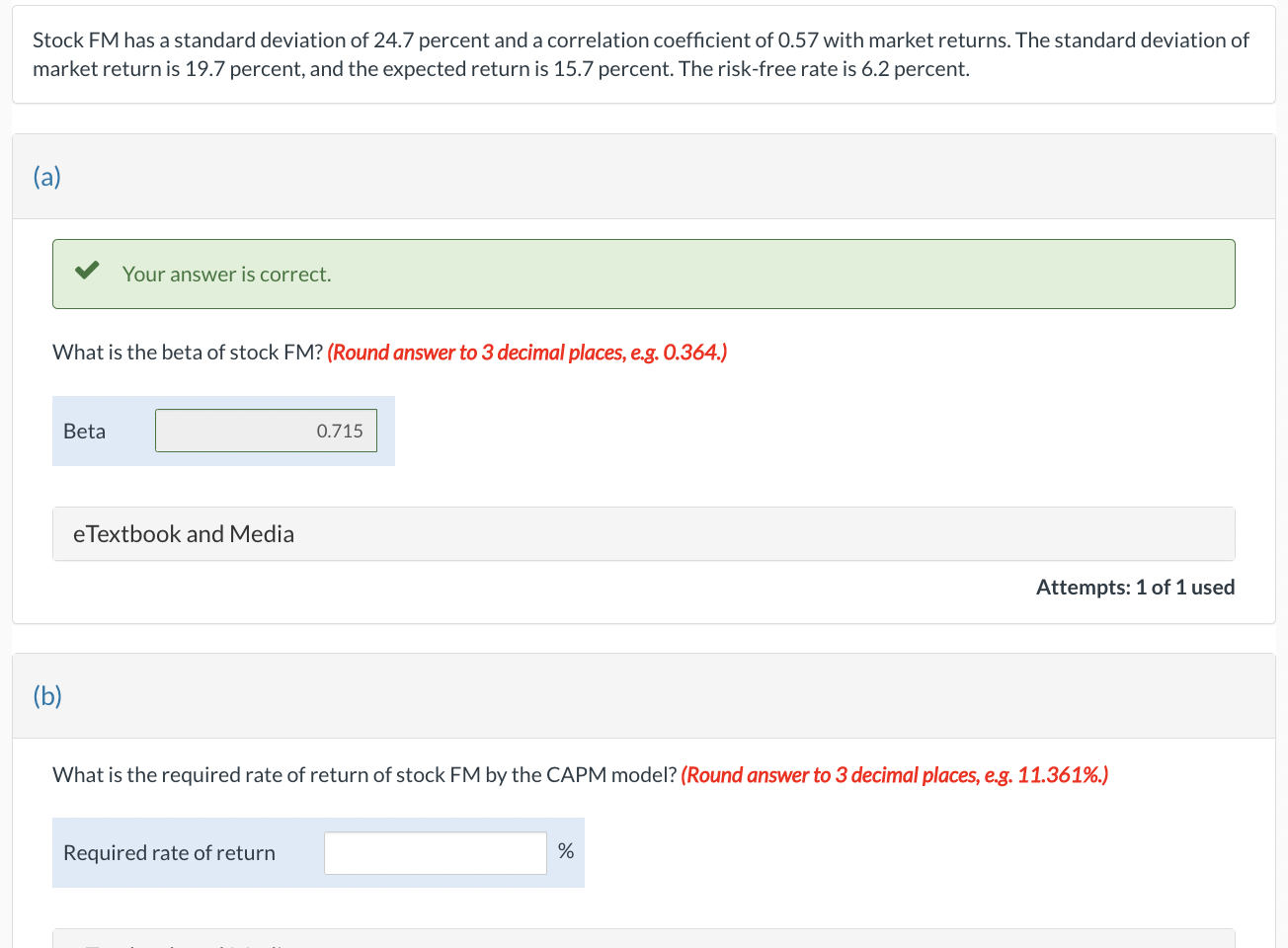 what is part b) Stock FM has a standard deviation of 24.7