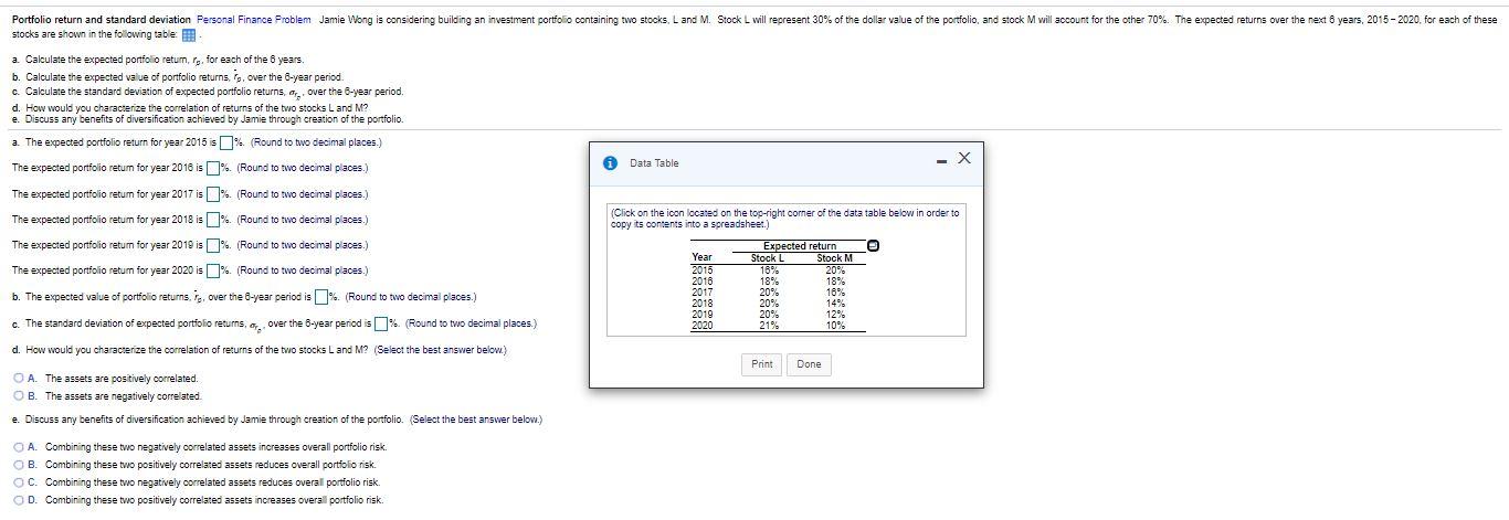  - Portfolio return and standard deviation Personal Finance Problem Jamie Wong