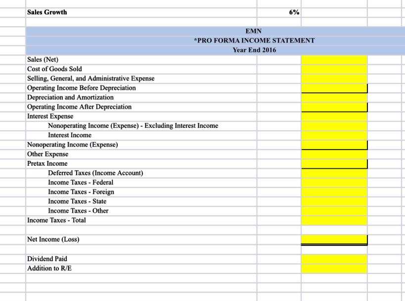 (i.e., fill in the colored cells) 2.Assume sales growth for 2016 is