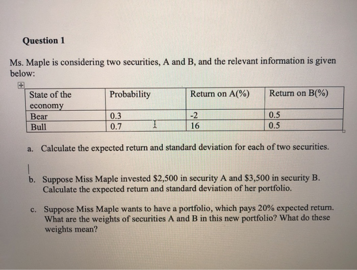  Question 1 Ms. Maple is considering two securities, A and B,