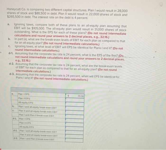  b. Honeycutt Co. is comparing two different capital structures. Plan I