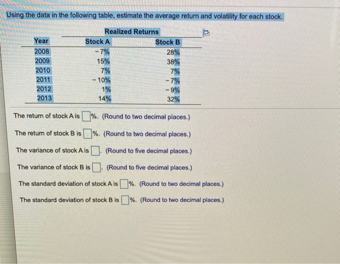  Using the data in the following table, estimate the average return