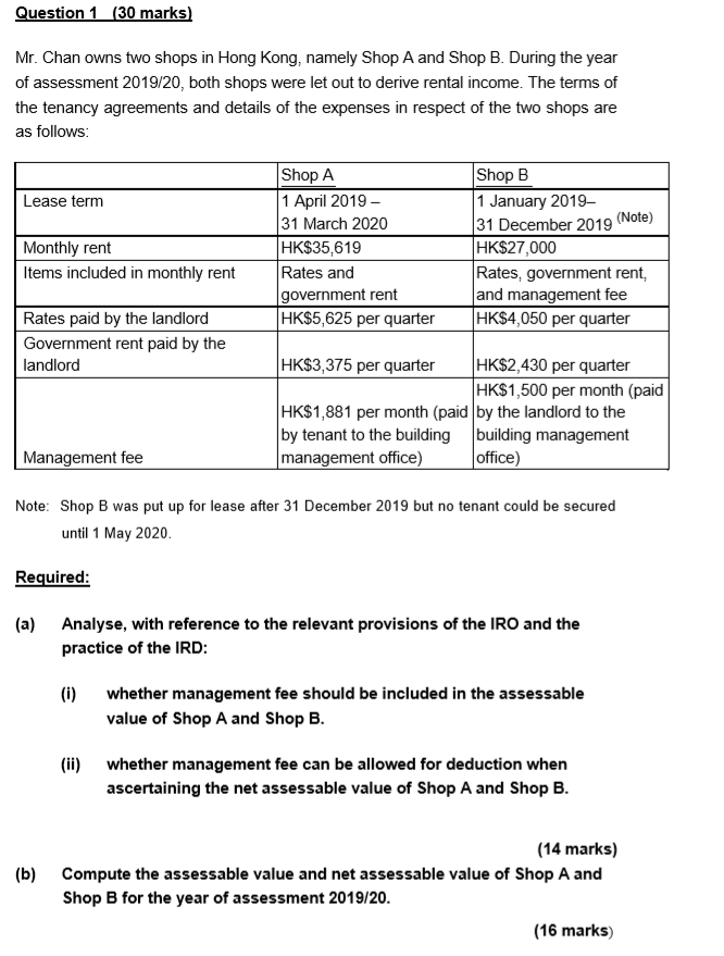  Question 1 (30 marks) Mr. Chan owns two shops in Hong