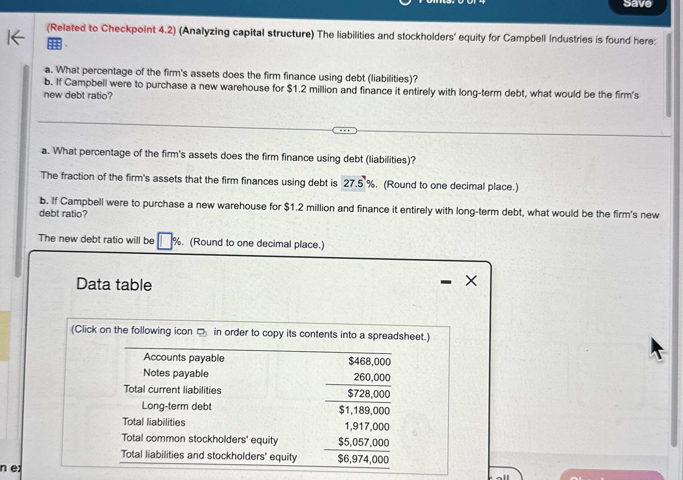  save (Related to Checkpoint 4.2)(Analyzing capital structure) The liabilities and stockholders'