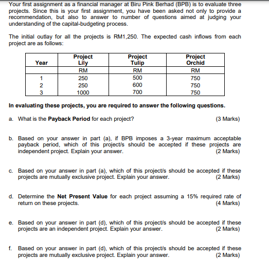 Your first assignment as a financial manager at Biru Pink Berhad