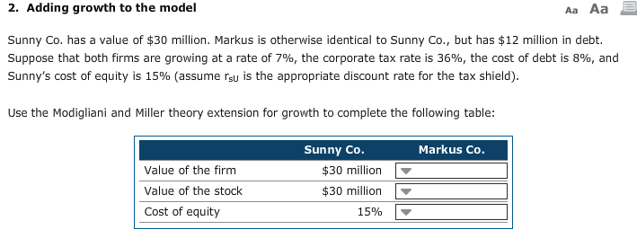 2. Adding growth to the model Aa Aa Sunny Co. has