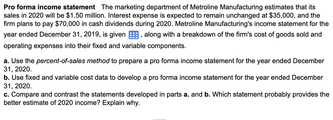 please answer a b and c Pro forma income statement The marketing