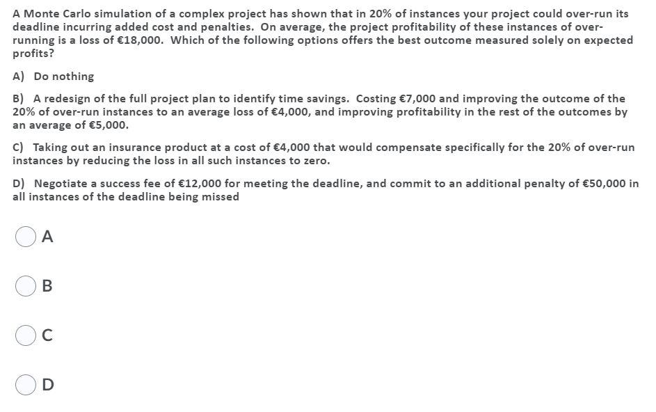 A Monte Carlo simulation of a complex project has shown that