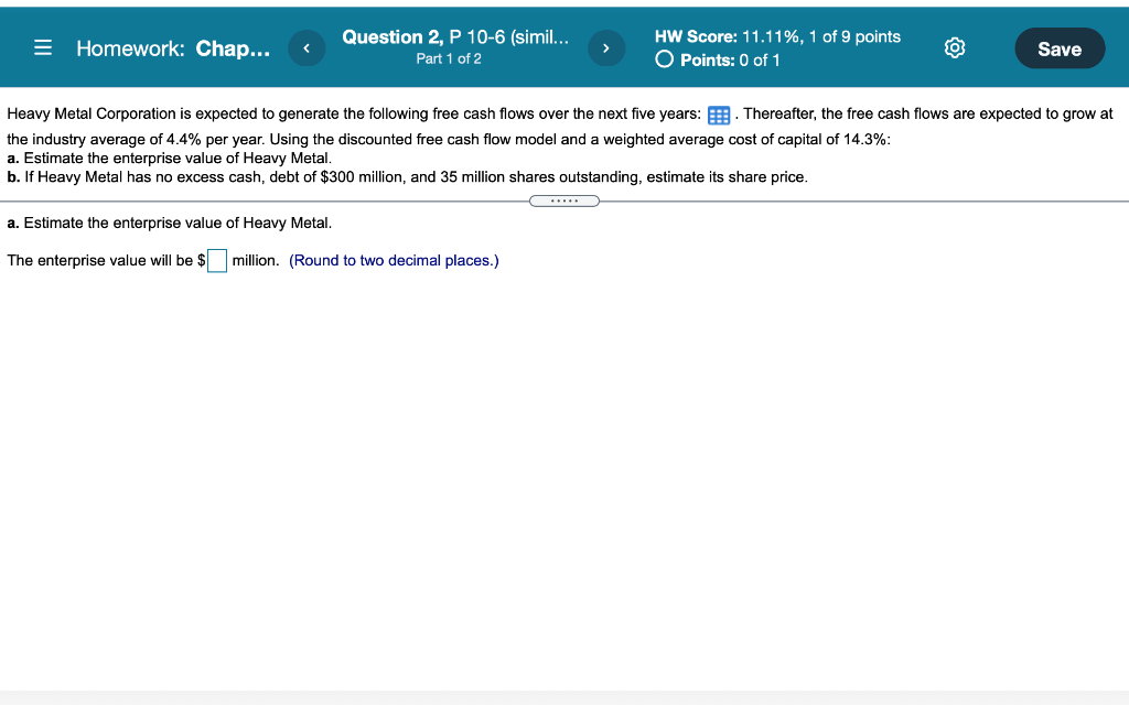  = Homework: Chap... Question 2, P 10-6 (simil... Part 1 of