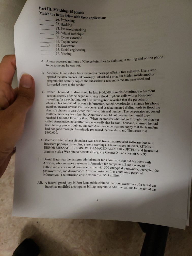  Part III: Matching (45 points) Match the items below with their