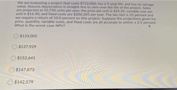  We are evaluating a project that costs $722,000, has a 9-year