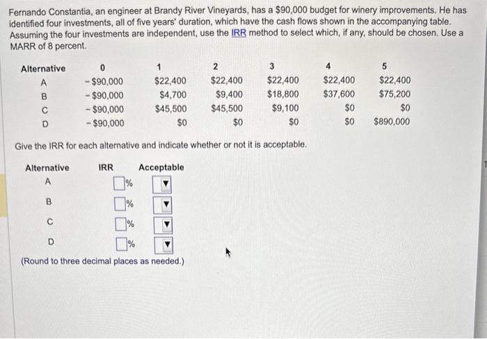  Fernando Constantia, an engineer at Brandy River Vineyards, has a $90,000