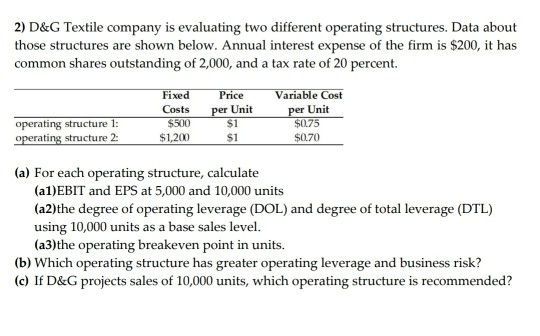 2) D&G Textile company is evaluating two different operating structures. Data
