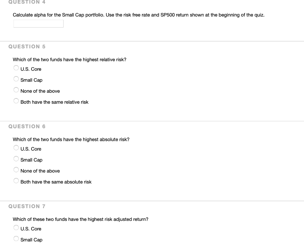 QUESTION 4 Calculate alpha for the Small Cap portfolio. Use the