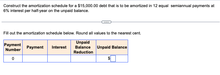 Construct the amortization schedule for a $15,000.00 debt that is to