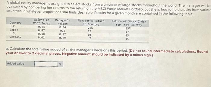 A global equity manager is assigned to select stocks from a