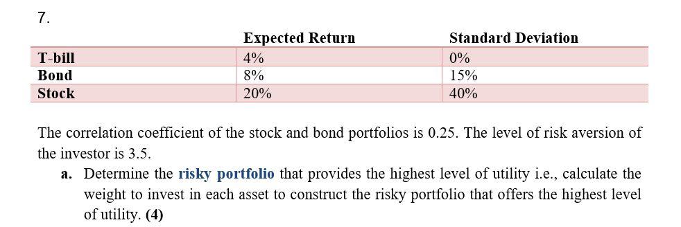  7. T-bill Bond Stock Expected Return 4% 8% 20% Standard Deviation