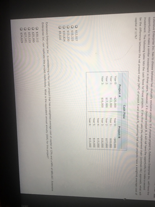  Extensive Enterprise Inc. has to choose between two mutually exclusive projects.