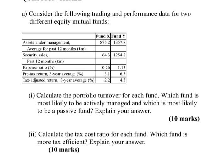  a) Consider the following trading and performance data for two different