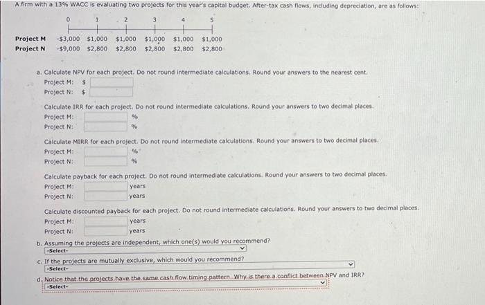  A firm with a 13% WACC is evaluating two projects for