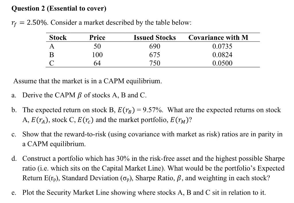  Question 2 (Essential to cover) rf = 2.50%. Consider a market