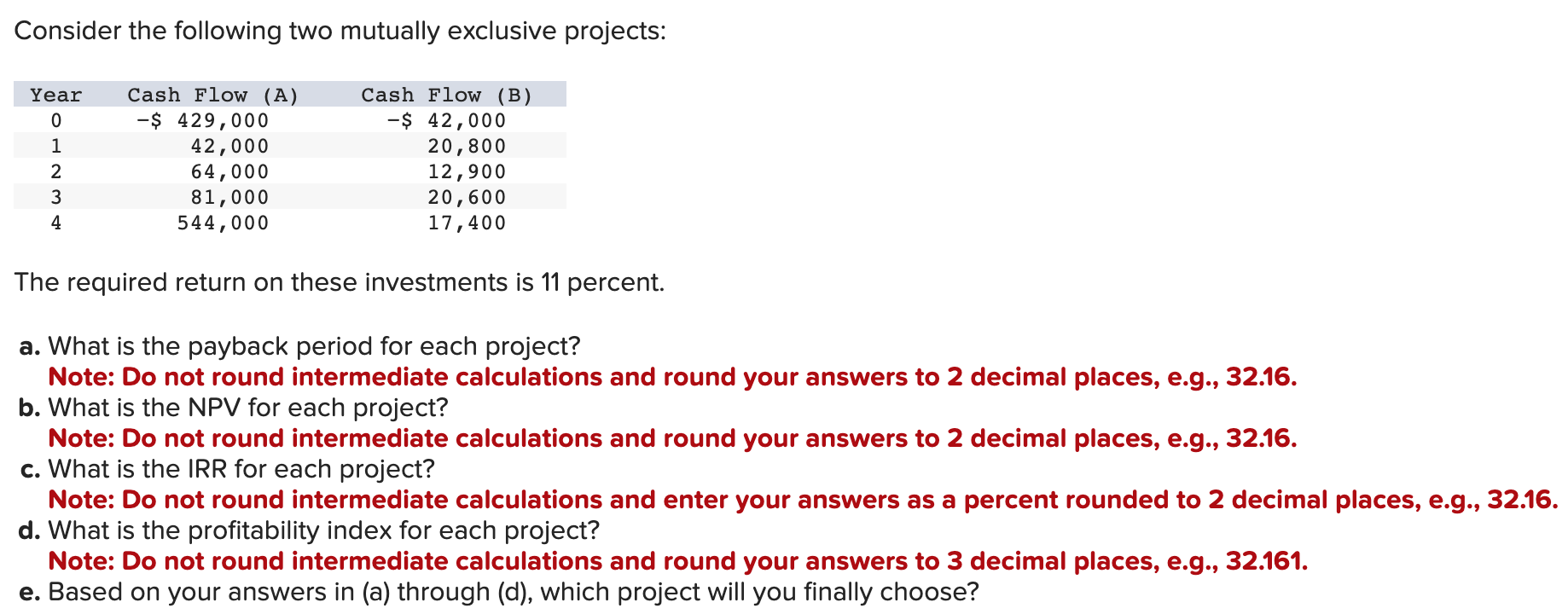  Consider the following two mutually exclusive projects: The required return on