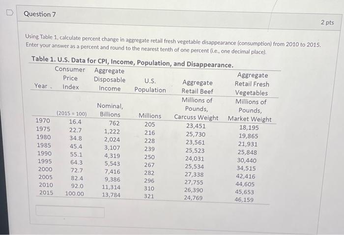  D Question 7 2 pts Using Table 1, calculate percent change