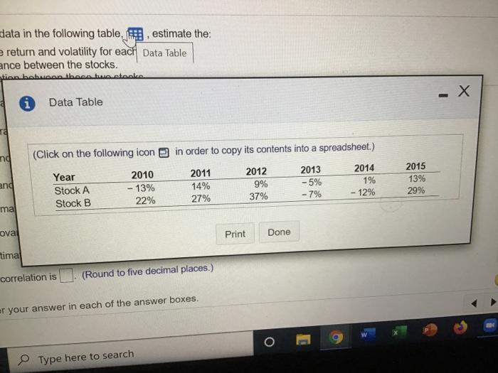 return and volatility for each stock. b. Covariance between the stocks. c.
