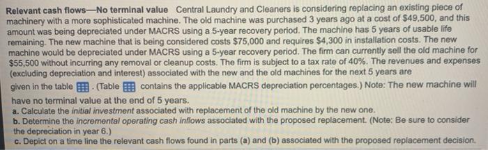  Relevant cash flows-No terminal value Central Laundry and Cleaners is considering