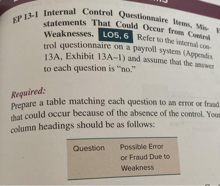 Auditing i think its visible EP 13-1 Internal Control Questionnaire Items, Mis-