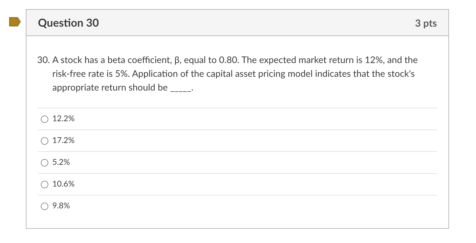 Question 30 3 pts 30. A stock has a beta coefficient,