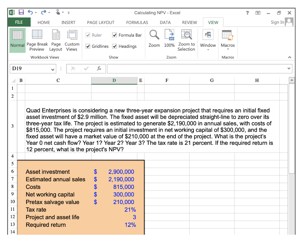  XDA 5 Calculating NPV - Excel ? Q FILE HOME INSERT