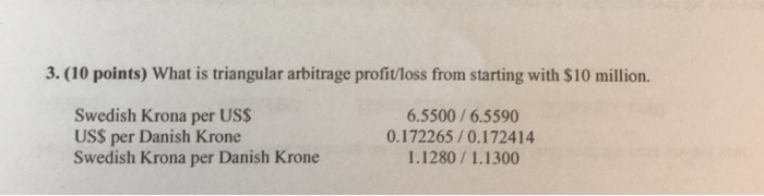  3. (10 points) What is triangular arbitrage profit/loss from starting with