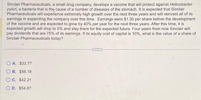 please answer asap! Sinclair Pharmaceuticals, a small drug company, develops a vaccine